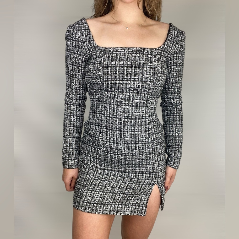 CHRISTIAN LACROIX Tweed Shift‎ Square Neck Mini Long Sleeve Dress Square Neck